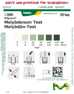 Тест на молибден, колориметрический, 5–250 мг/л (Mo), MQuant®