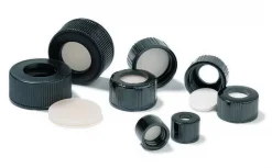Крышка навинчиваемая с отверстием и PTFE/силиконовой мембраной, чёрный полипропилен, резьба 8-425, Top Hat, для флаконов